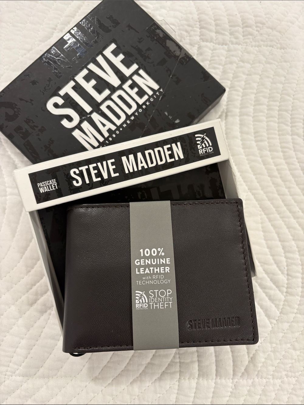 Steve Madden Black Genuine Leather RFID Bi-Fold Wallet